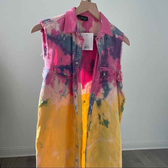 TOPSHOP NWT Unique Tie Dye Cutoff Vest Jacket Top 4 Small - Picture 4 of 10